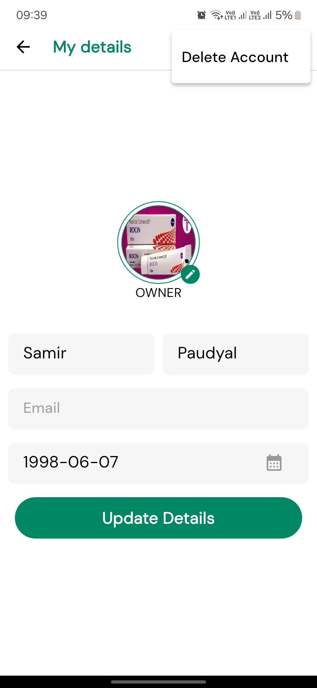 Screenshot showing the delete account section in account settings with a Delete Account button
